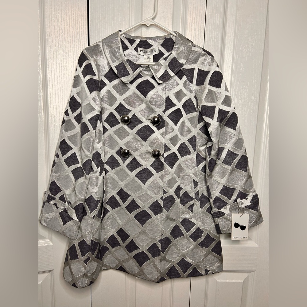 Paul & Joe Women’s Blue Silver Jacquard A-line‎ Button Up Coat NWT Luxury France